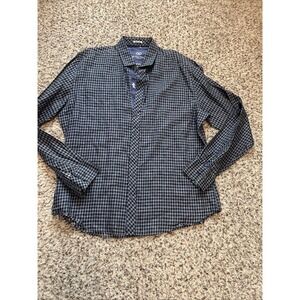 BUGATCHI New Shaped Fit Shirt Men Sz XL  100% Linen Blue Plaid Long Sleeves